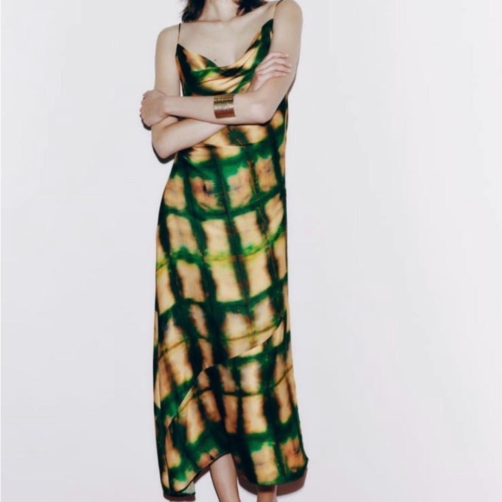 NWT ZARA Satin Effect Print Green Gold Asymmetrical Midi Sleeveless Dress Small